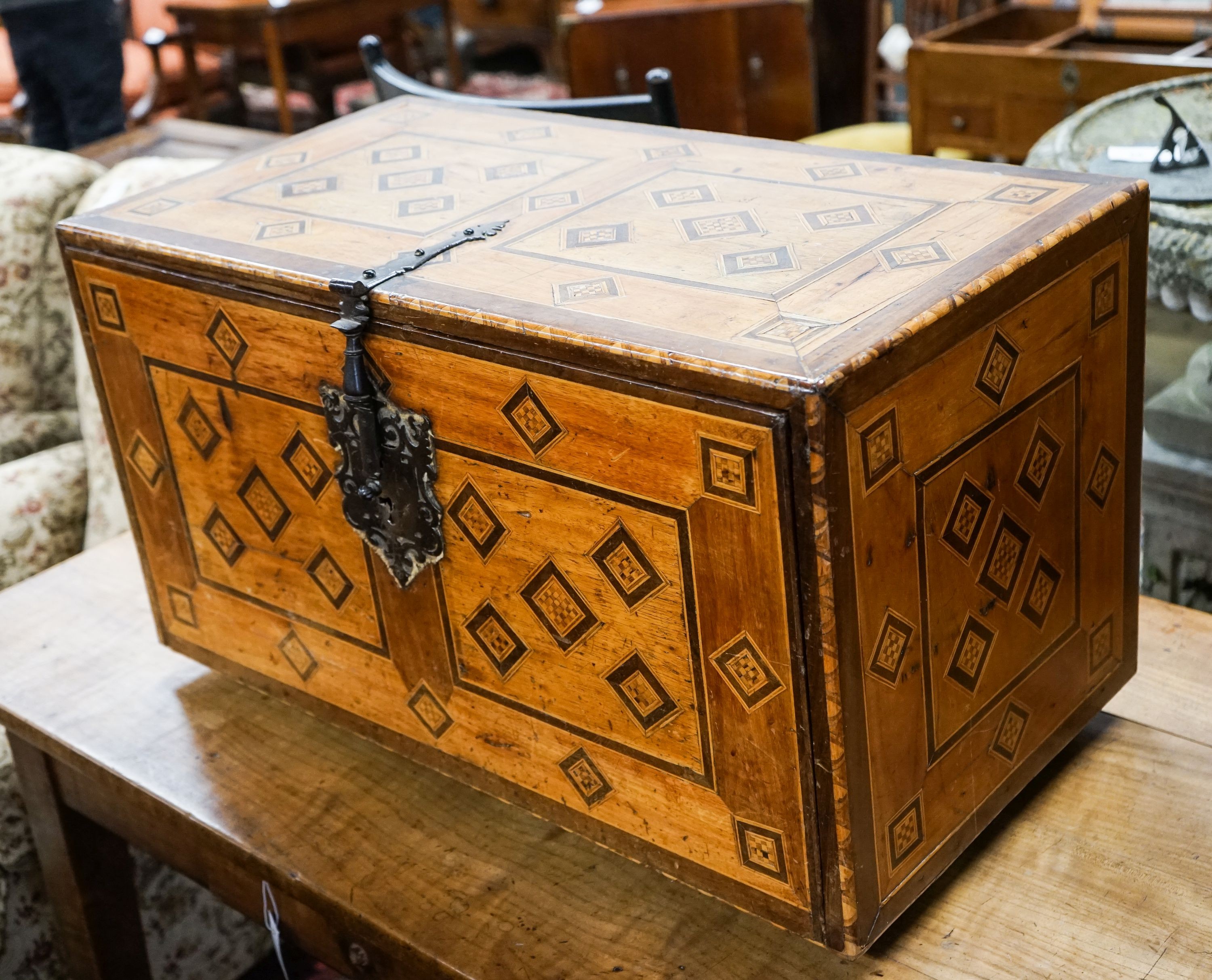 A 19th century Damascan parquetry inlaid fall front chest with two drawer interior, width 75cm, depth 40cm, height 43cm